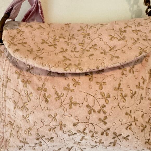 Vintage Y2K GAP Velvet Purse Pink Gold Embroidered Bow Pearl Chain Coquette EUC - Picture 10 of 10